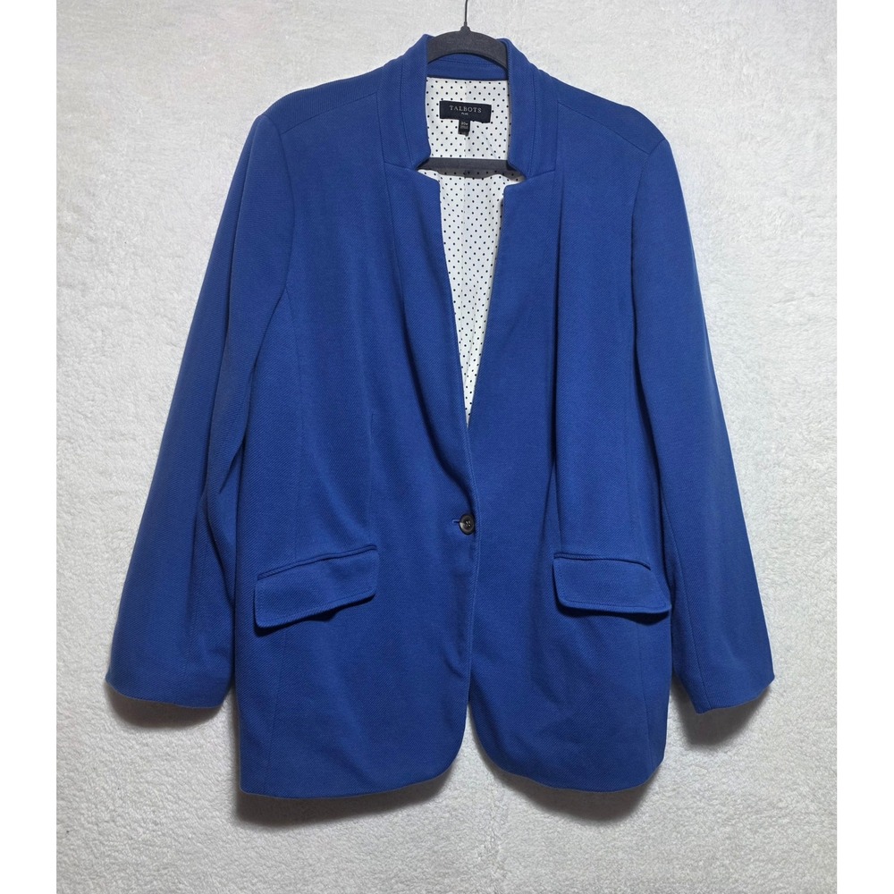 Talbots Plus Women's 20W Royal Blue 1 Button Blazer Polka Dot Lined Cotton Blend